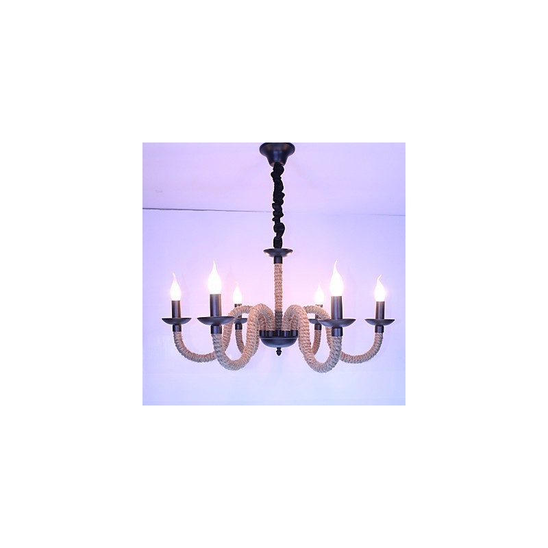 Lampadario industriale vintage in ferro con corda, 6 luci E12/E14
