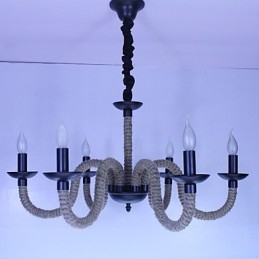 Lampadario industriale vintage in ferro con corda, 6 luci E12/E14