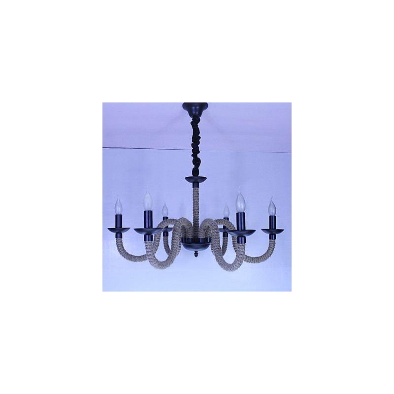 Lampadario industriale vintage in ferro con corda, 6 luci E12/E14