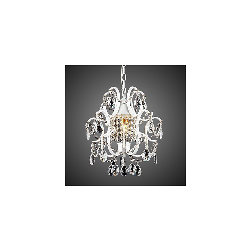 Lampadario moderno in ferro dipinto bianco con cristalli trasparenti