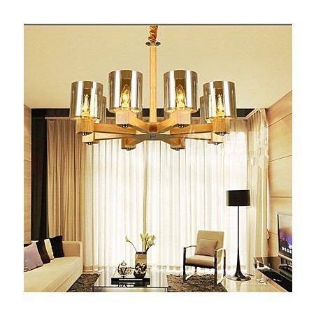 Lampadario a sospensione in legno e vetro giallo, 2 luci E12/E14