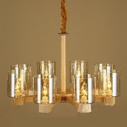 Lampadario a sospensione in legno e vetro giallo, 2 luci E12/E14