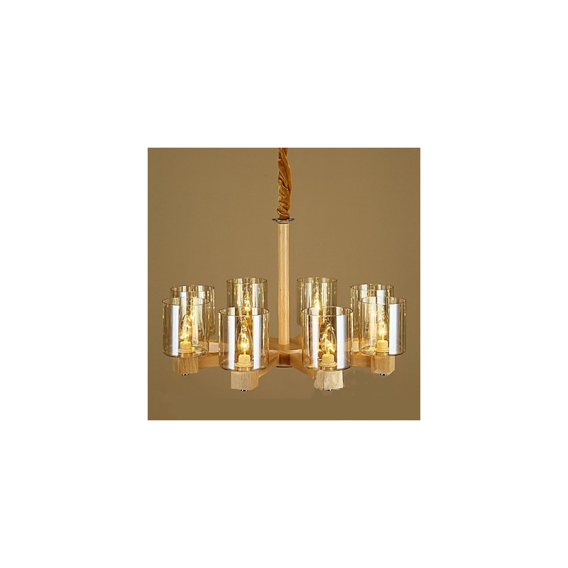 Lampadario a sospensione in legno e vetro giallo, 2 luci E12/E14
