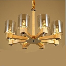 Lampadario a sospensione in legno e vetro giallo, 2 luci E12/E14