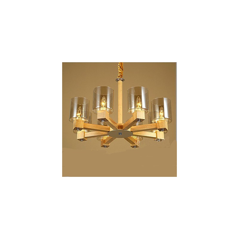 Lampadario a sospensione in legno e vetro giallo, 2 luci E12/E14
