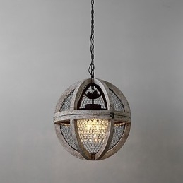 Lampadario industriale vintage in legno e metallo, 3 luci E12/E14