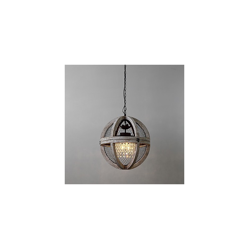Lampadario industriale vintage in legno e metallo, 3 luci E12/E14