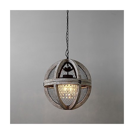 Lampadario industriale vintage in legno e metallo, 3 luci E12/E14