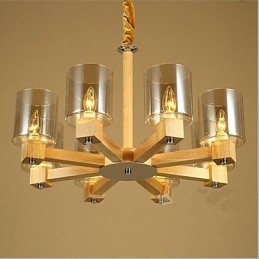 Lampadario a sospensione in legno e vetro giallo, 2 luci E12/E14
