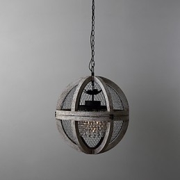 Lampadario industriale vintage in legno e metallo, 3 luci E12/E14