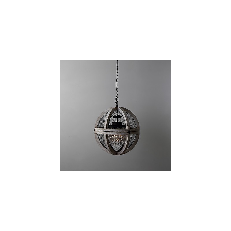 Lampadario industriale vintage in legno e metallo, 3 luci E12/E14