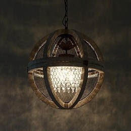 Lampadario industriale vintage in legno e metallo, 3 luci E12/E14