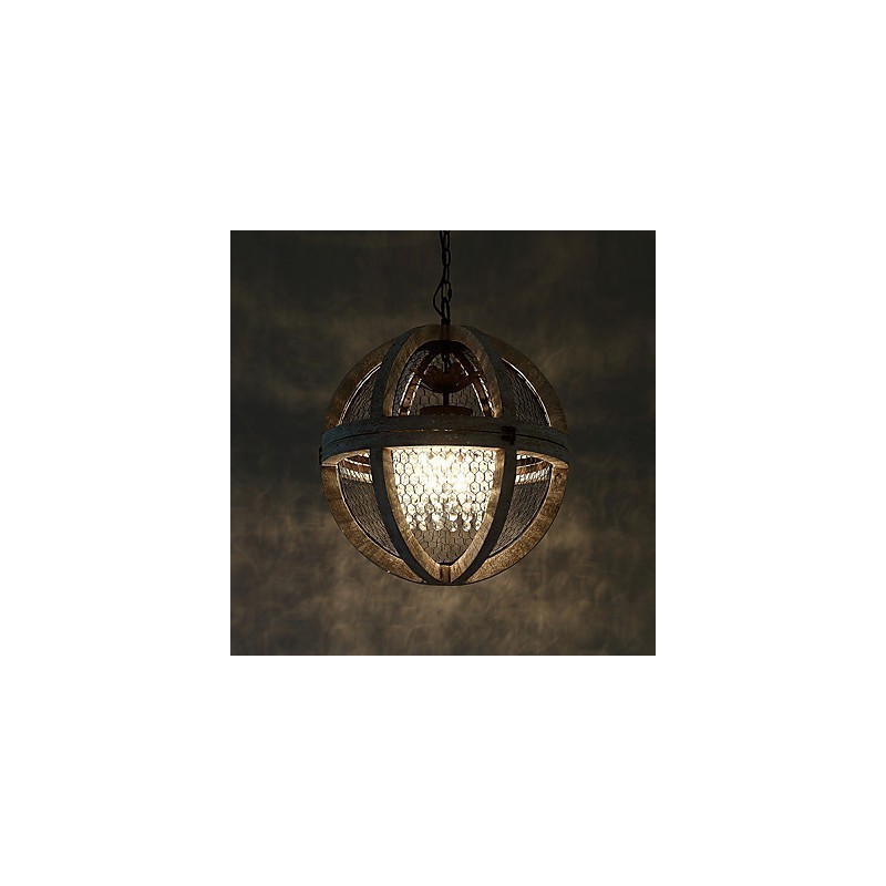 Lampadario industriale vintage in legno e metallo, 3 luci E12/E14