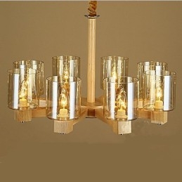 Lampadario a sospensione in legno e vetro giallo, 2 luci E12/E14