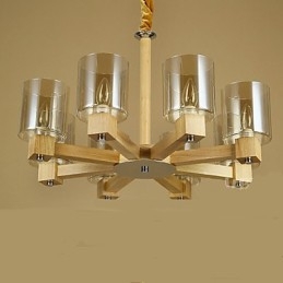 Lampadario a sospensione in legno e vetro giallo, 2 luci E12/E14