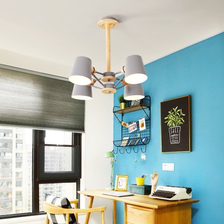 Lampadario in metallo a 4 luci con decorazioni in legno Macaron Vintage dipinto