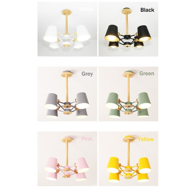 Lampadario in metallo a 4 luci con decorazioni in legno Macaron Vintage dipinto