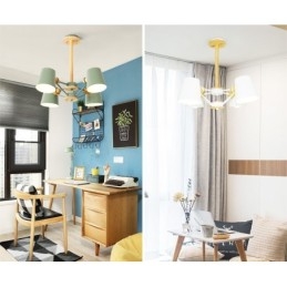 Lampadario in metallo a 4 luci con decorazioni in legno Macaron Vintage dipinto