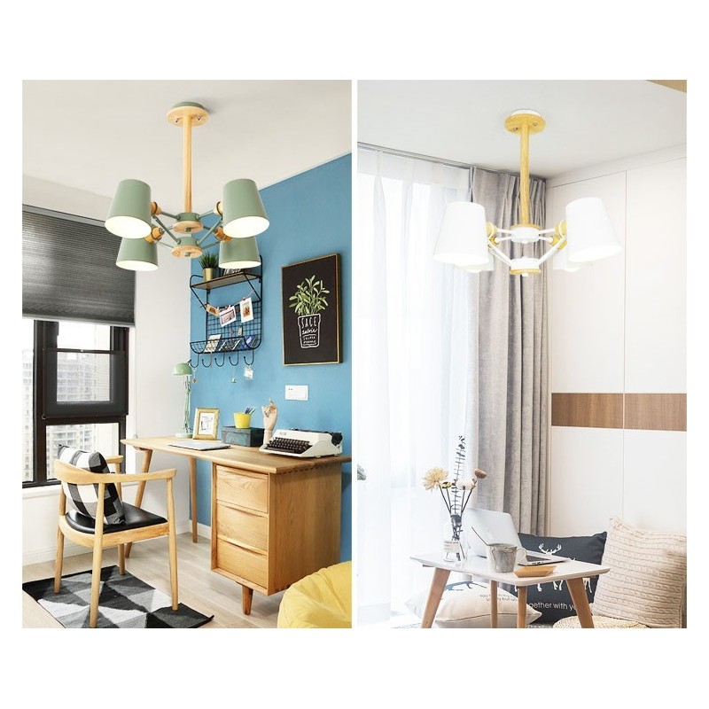 Lampadario in metallo a 4 luci con decorazioni in legno Macaron Vintage dipinto