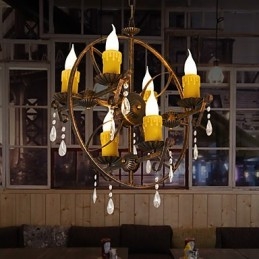 Lampadario globo rustico vintage retrò in metallo e resina, 6 luci, T8 E12/E14
