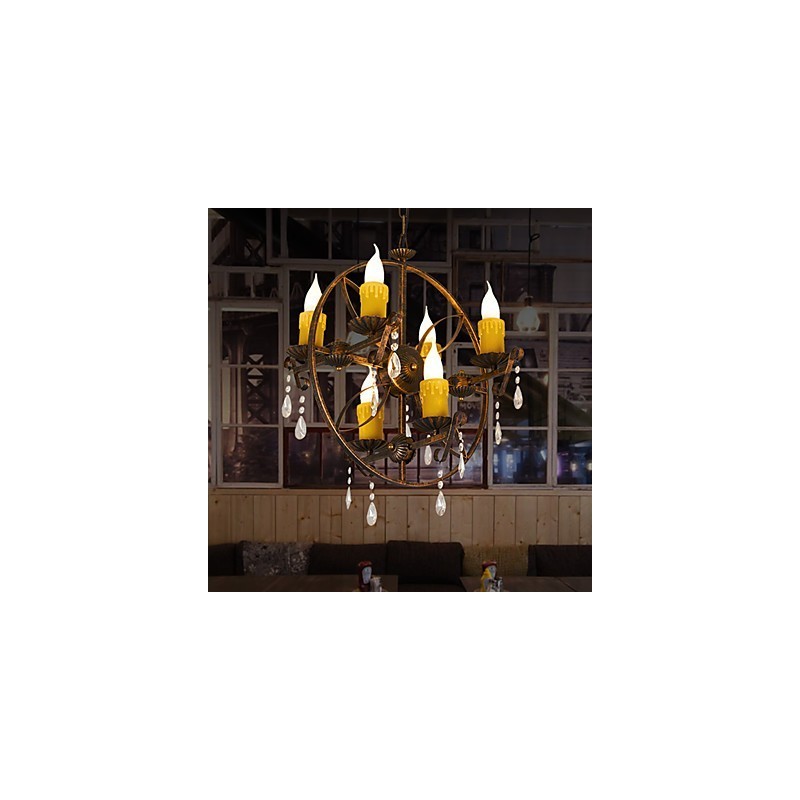 Lampadario globo rustico vintage retrò in metallo e resina, 6 luci, T8 E12/E14
