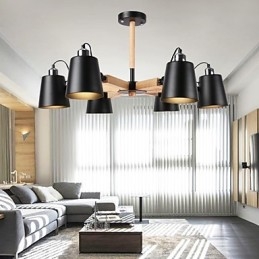 Lampadario vintage in metallo con dettagli in legno o bambù, 6 luci E26/E27
