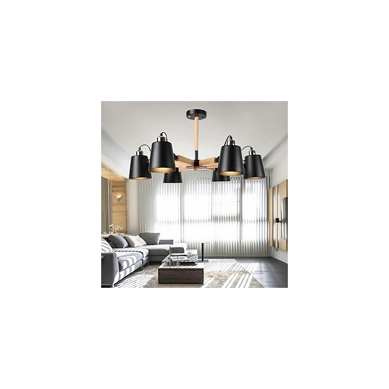Lampadario vintage in metallo con dettagli in legno o bambù, 6 luci E26/E27