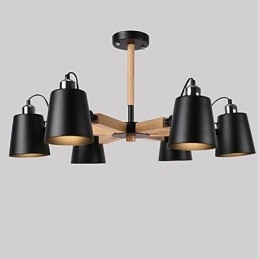 Lampadario vintage in metallo con dettagli in legno o bambù, 6 luci E26/E27