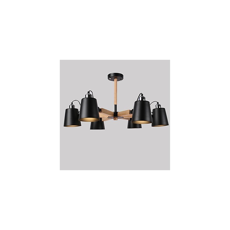 Lampadario vintage in metallo con dettagli in legno o bambù, 6 luci E26/E27