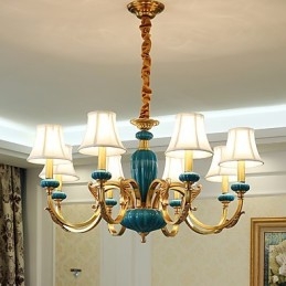Lampadario in ottone con decorazioni in ceramica KP