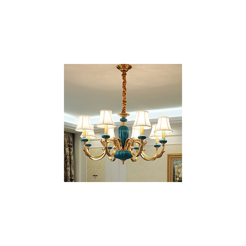 Lampadario in ottone con decorazioni in ceramica KP