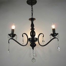 Lampadario a candela in cristallo e ferro battuto nero, 3 luci E12/E14