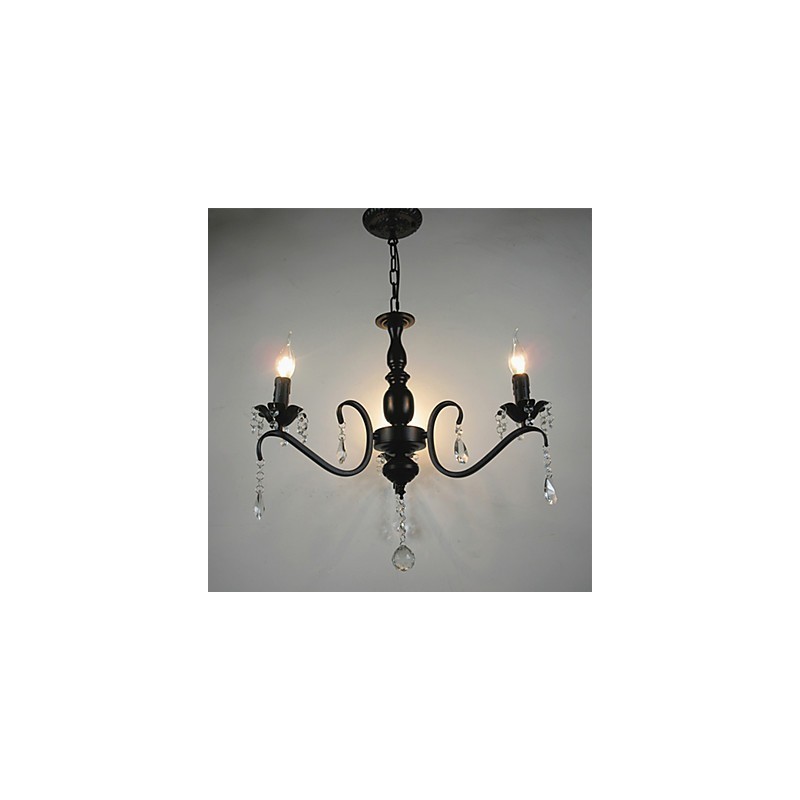 Lampadario a candela in cristallo e ferro battuto nero, 3 luci E12/E14