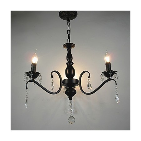 Lampadario a candela in cristallo e ferro battuto nero, 3 luci E12/E14