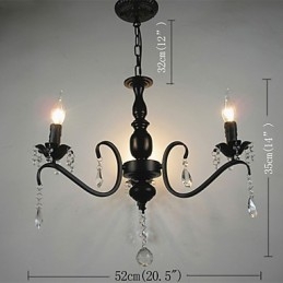 Lampadario a candela in cristallo e ferro battuto nero, 3 luci E12/E14