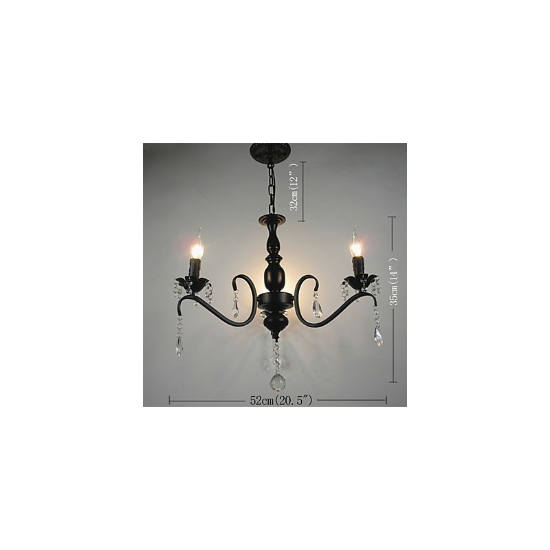 Lampadario a candela in cristallo e ferro battuto nero, 3 luci E12/E14