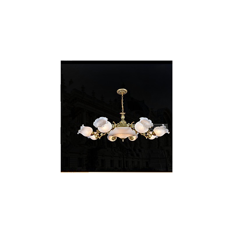 Lampadario classico vintage retrò in metallo finitura bronzo con paralume in vetro bianco