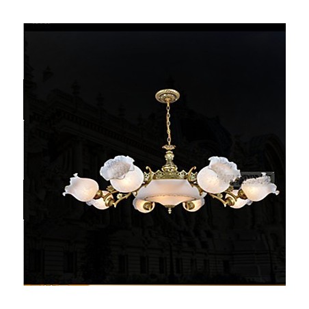 Lampadario classico vintage retrò in metallo finitura bronzo con paralume in vetro bianco