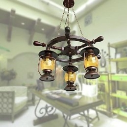 Lampadario retrò in legno e bambù dipinto con paralume in vetro