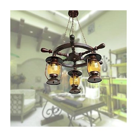 Lampadario retrò in legno e bambù dipinto con paralume in vetro