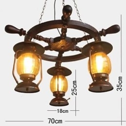 Lampadario retrò in legno e bambù dipinto con paralume in vetro