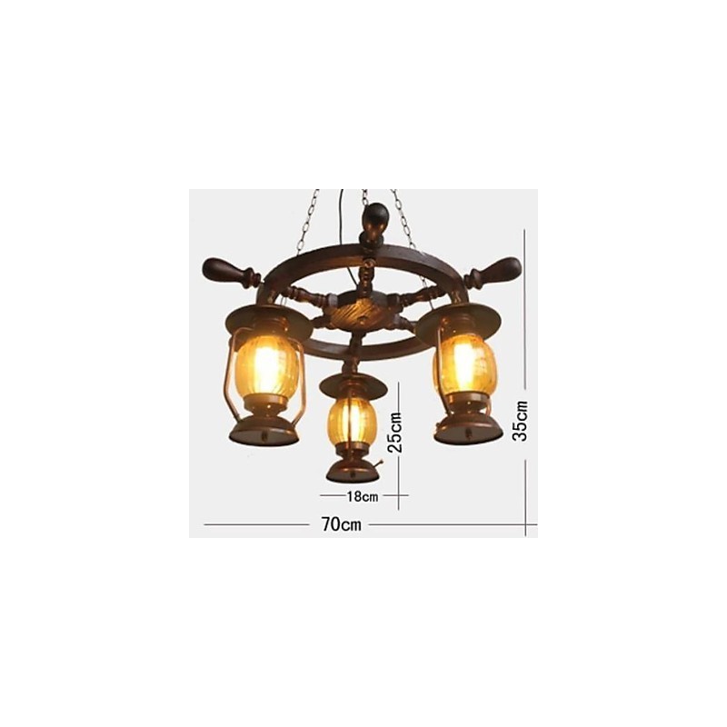 Lampadario retrò in legno e bambù dipinto con paralume in vetro