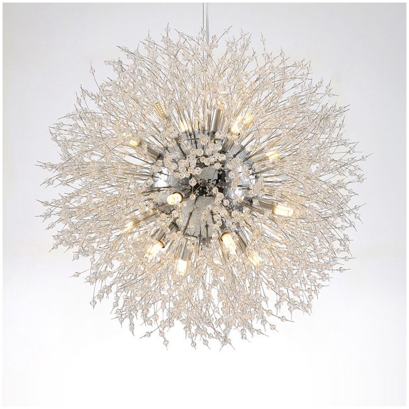 Lampadario a globo in metallo cromato e cristallo effetto dente di leone