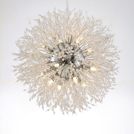 Lampadario a globo in metallo cromato e cristallo effetto dente di leone
