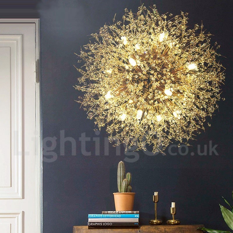 Lampadario a globo in metallo cromato e cristallo effetto dente di leone