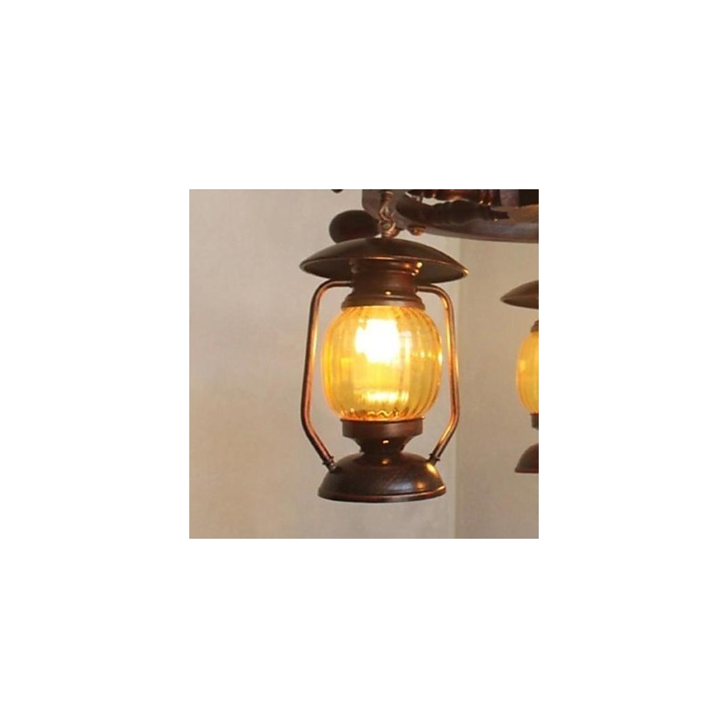Lampadario retrò in legno e bambù dipinto con paralume in vetro