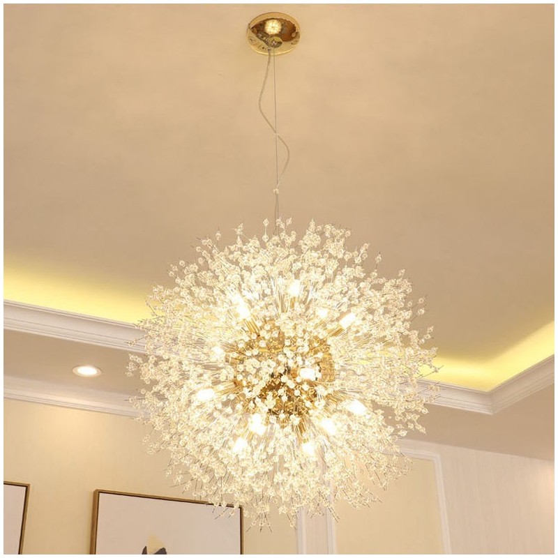 Lampadario a globo in metallo cromato e cristallo effetto dente di leone