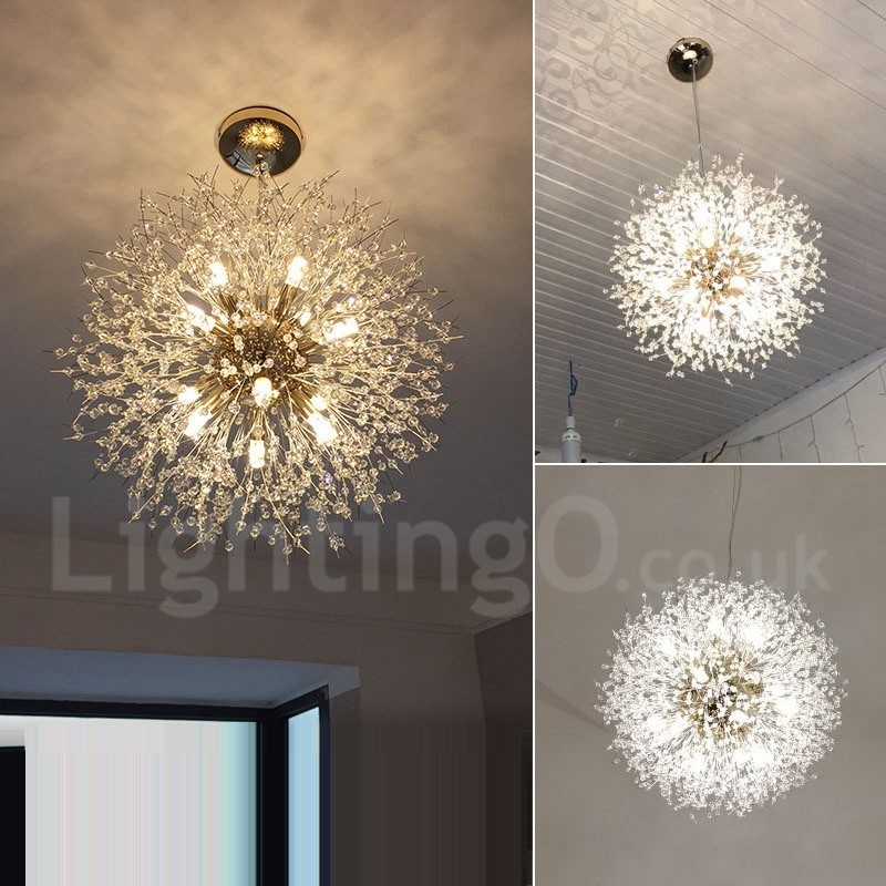 Lampadario a globo in metallo cromato e cristallo effetto dente di leone