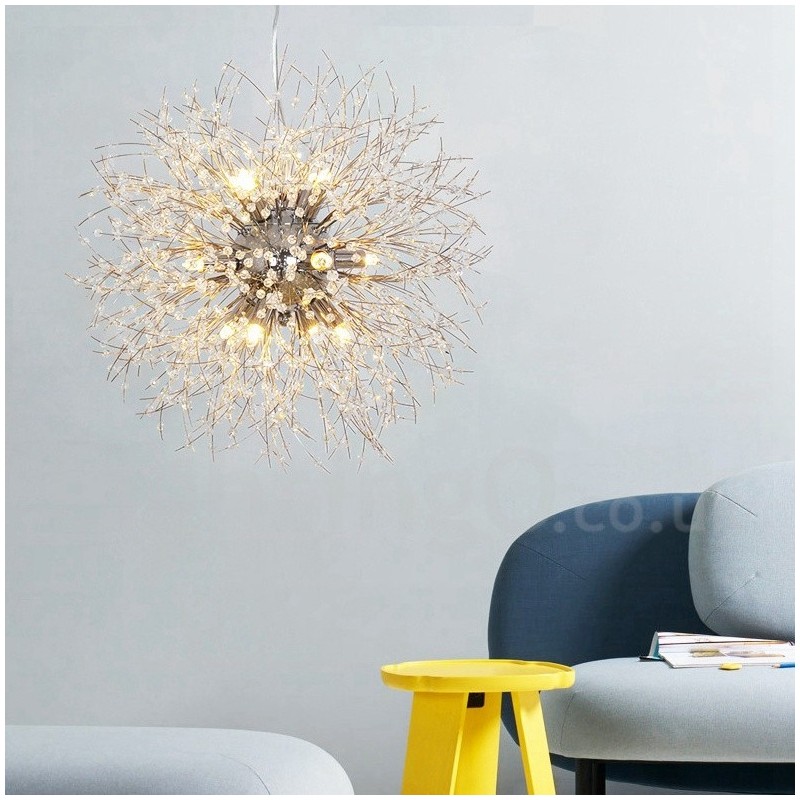 Lampadario a globo in metallo cromato e cristallo effetto dente di leone