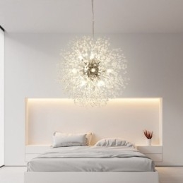 Lampadario a globo in metallo cromato e cristallo effetto dente di leone